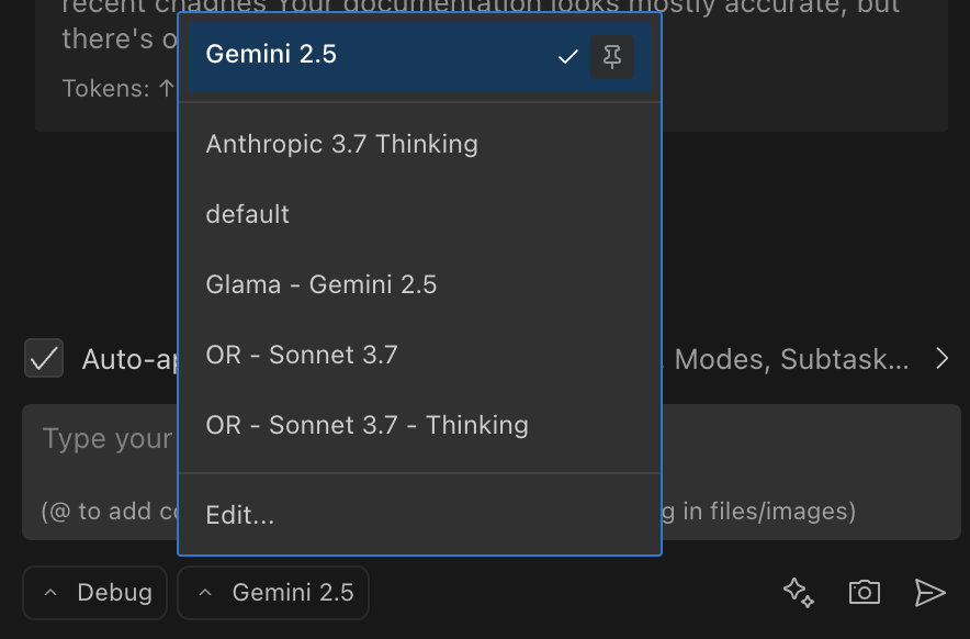 API Configuration dropdown in chat interface
